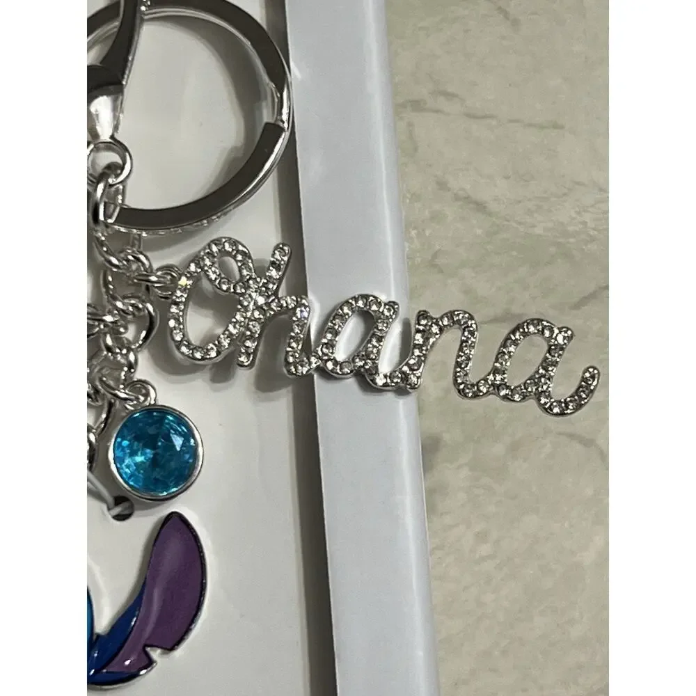 NEW🌺Disney x Lilo & Stitch Ohana Crystal Bling Bag Charm🛸Hawaii Keyring💎Gift